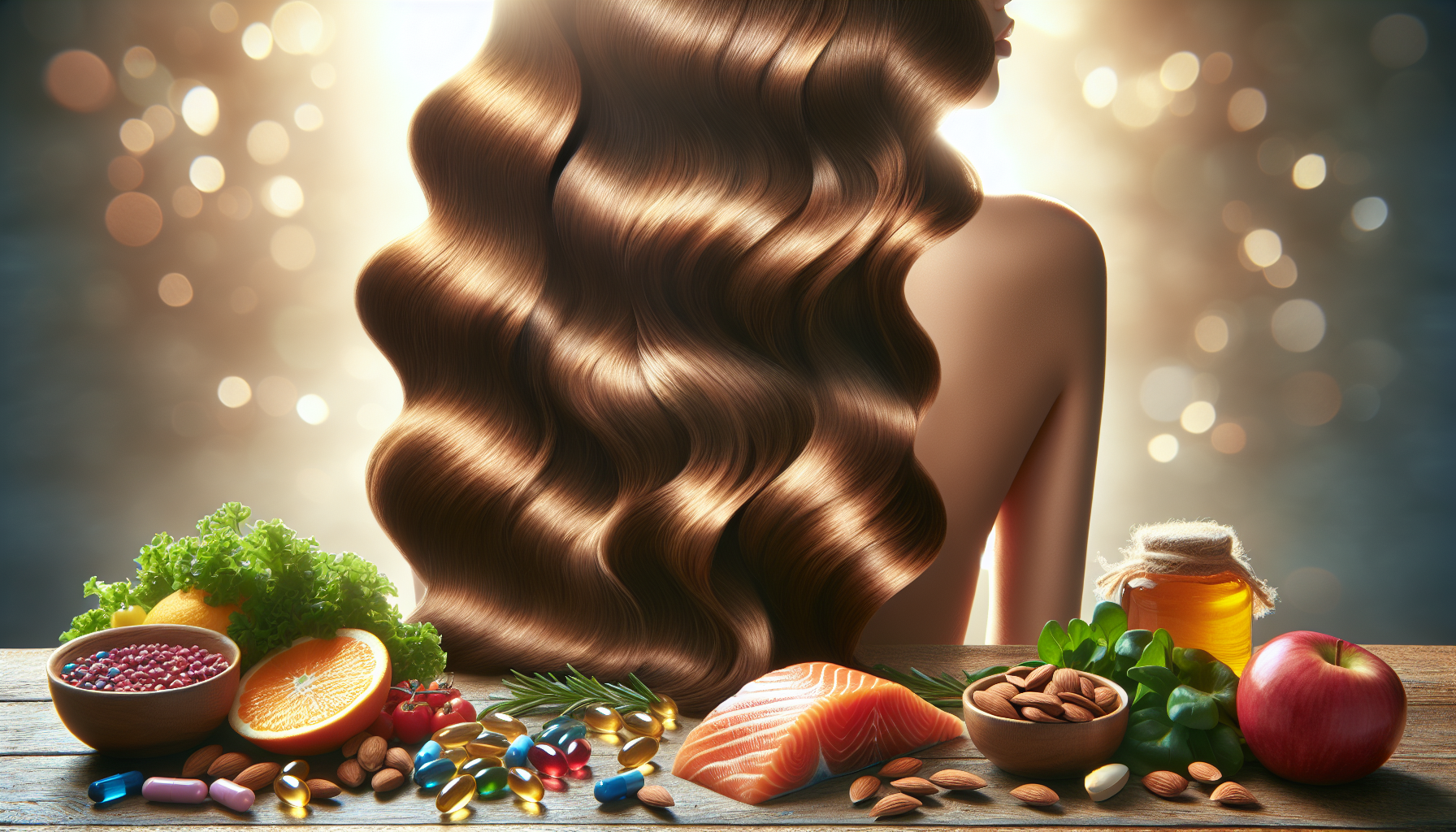 Long, shiny hair with healthy waves, surrounded by vitamins, fruits, and vegetables including salmon, almonds, and honey, emphasizing hair health and wellness.