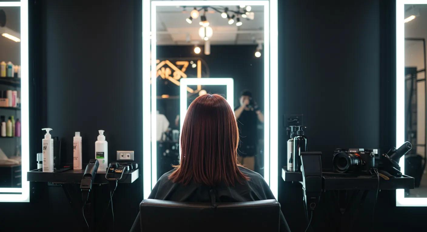 a modern salon setting with a glowing mirror reflecting a vibrant, stylish haircut on a confident client, surrounded by professional hair products and tools, emphasizing the transformative journey of hair growth and care.