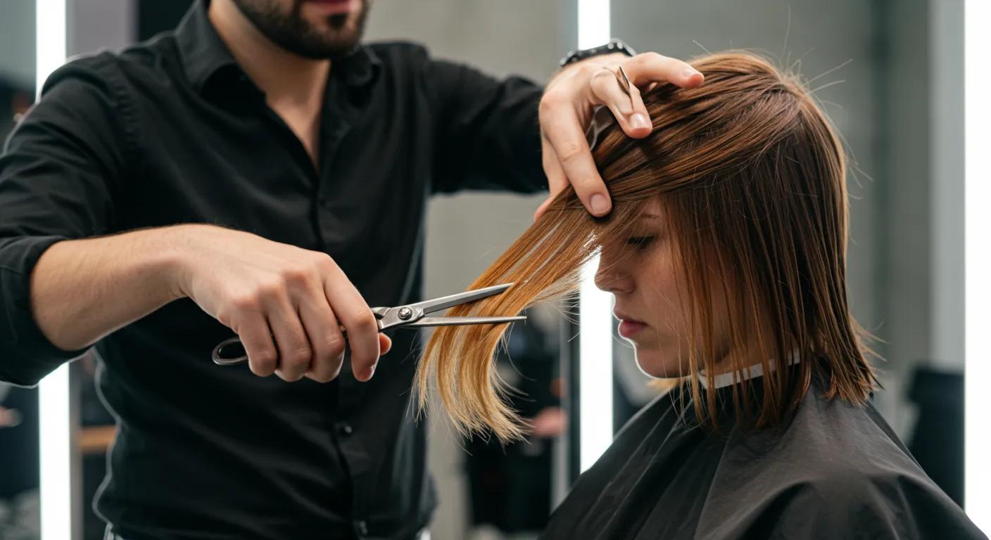 a modern salon scene featuring a stylist expertly trimming the ends of vibrant, flowing hair under bright, focused lighting, emphasizing the importance of maintaining healthy hair during the growth process.