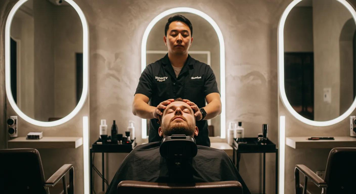 a serene, modern salon interior showcases a close-up of a person receiving a professional scalp massage, with opulent lighting accentuating the relaxation and care being given to address common scalp conditions.