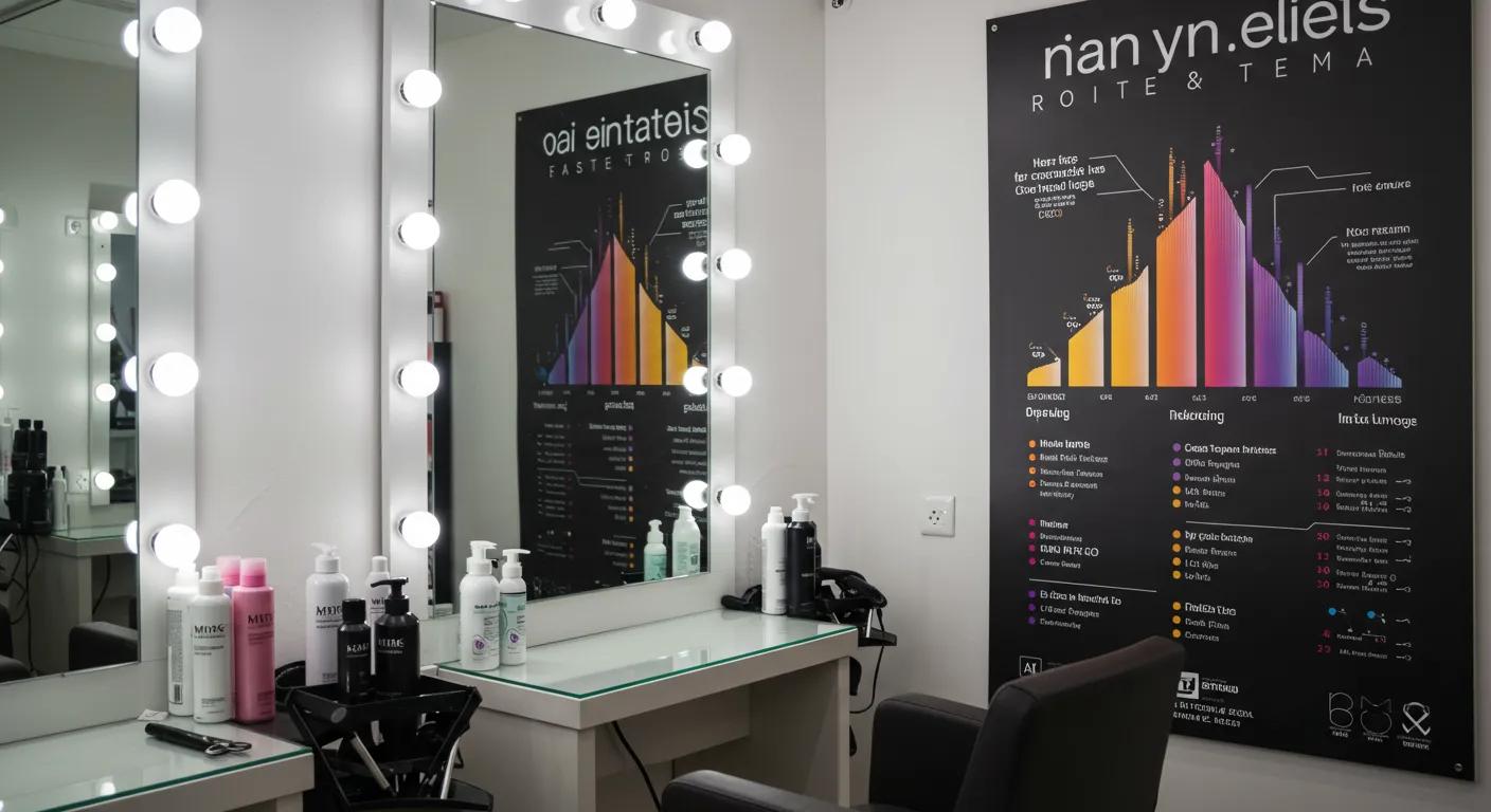 a modern, well-lit salon workspace showcases a variety of hair care products and tools, with a sleek mirror reflecting the vibrant hair growth phases illustrated on a stylish infographic displayed prominently on the wall.