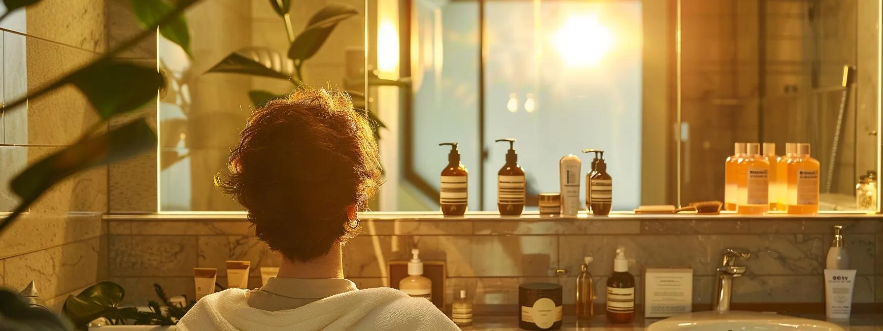 a serene, well-lit modern bathroom features a luxurious hair care setup, with a person sitting comfortably in front of a mirror, engaging in a meticulous scalp massage while surrounded by elegant bottles of hair products and soothing aromatherapy candles.