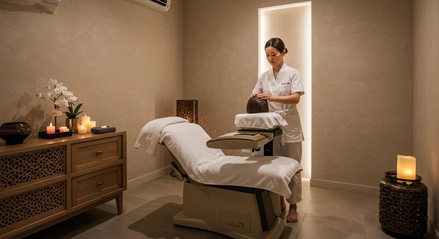 a serene and elegant spa room features a luxurious massage chair, surrounded by calming decor, as a focused practitioner gently performs a scalp massage, illustrating the benefits of this soothing treatment for hair growth and wellness.