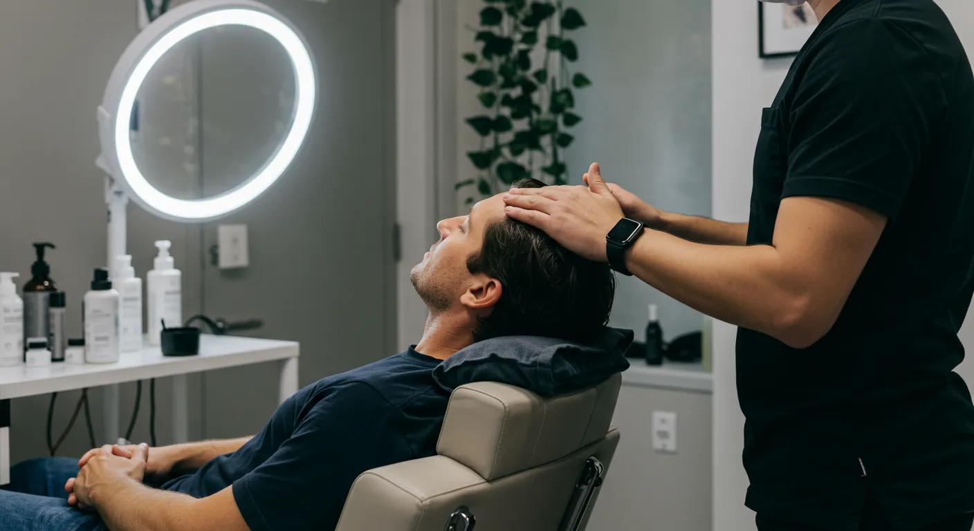 an inviting modern office space features a serene individual seated comfortably in a sleek chair, engaging in a focused scalp massage with a calming expression, emphasizing the importance of consistency and technique for optimal hair growth.