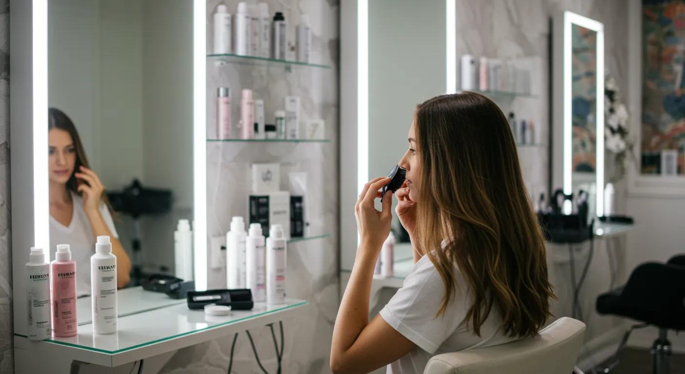 a modern, brightly lit salon interior showcases a woman seated thoughtfully in front of a large mirror, surrounded by high-end hair care products, as she examines the health of her hair, symbolizing her journey to overcome challenges like breakage and thinning.