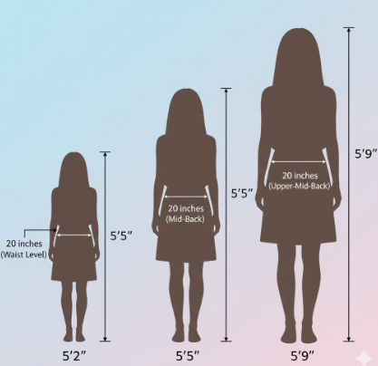 Infographic comparing where 20 inch hair falls on women of different heights from 5'2 to 5'9