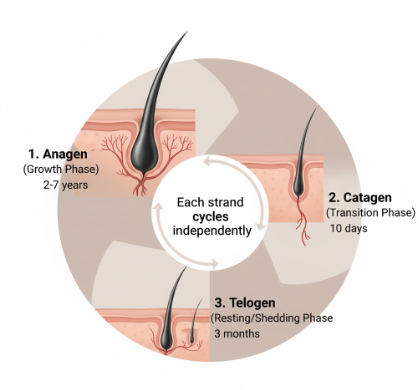 Scientific diagram of hair growth cycle showing anagen, catagen, and telogen phases with durations
