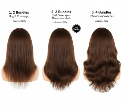 Visual comparison showing 2, 3, and 4 bundle density for 20 inch hair extensions
