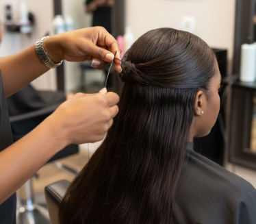 Professional stylist sewing 20 inch hair weft onto cornrow braid base during sew-in weave installation