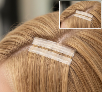 Close-up of tape-in hair extension bonds showing flat, seamless attachment to natural hair