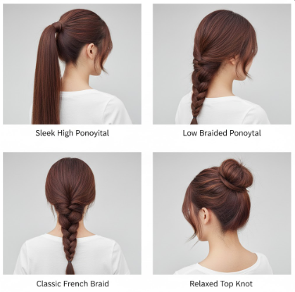 Four everyday protective hairstyles for 20 inch hair: high ponytail, braided ponytail, French braid, and top knot