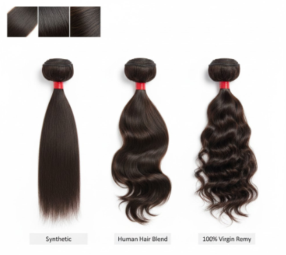 Quality comparison of synthetic, human hair blend, and 100% virgin Remy hair bundles