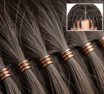 Macro view of micro-link extension beads attached to individual hair strands