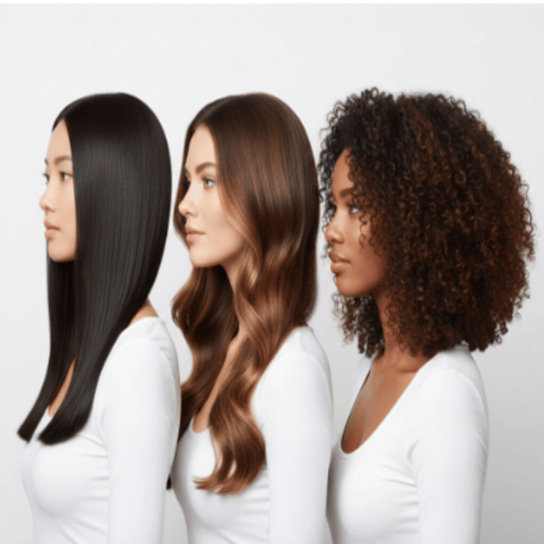 Three women with 20 inch hair in straight, wavy, and curly textures showing mid-back length