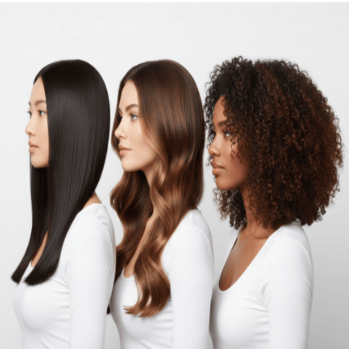 Three women with 20 inch hair in straight, wavy, and curly textures showing mid-back length