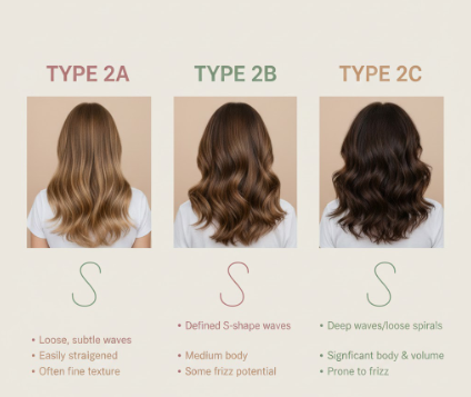 Infographic comparing Type 2A 2B and 2C wavy hair patterns with visual examples