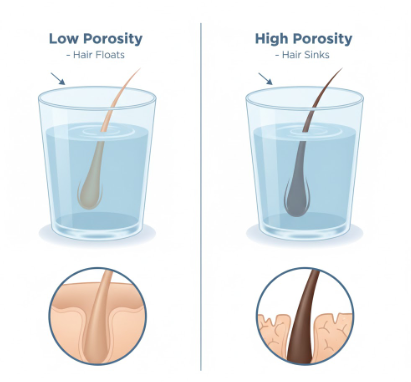 Visual guide showing hair porosity float test with low and high porosity results