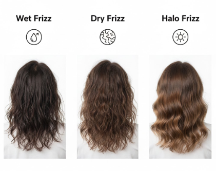 Visual guide identifying three types of wavy hair frizz including wet frizz dry frizz and halo frizz