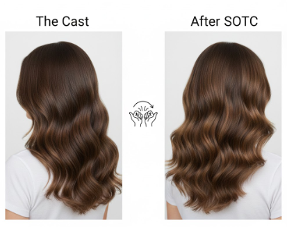 Before and after comparison showing gel cast on wavy hair and results after scrunching out the crunch