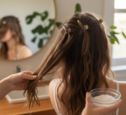 Applying pre-poo oil treatment to wavy hair before washing