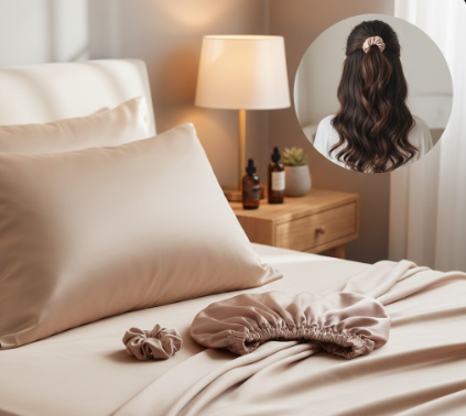 Overnight wave protection including silk pillowcase scrunchie bonnet and pineapple hairstyle demonstration