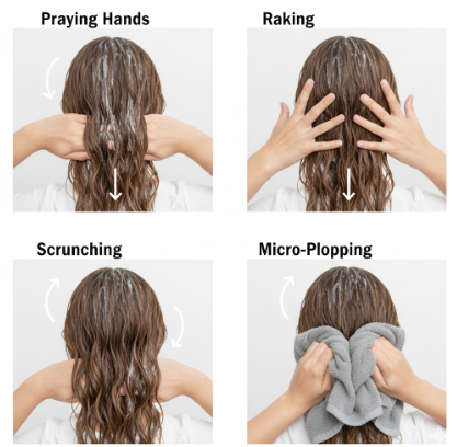 Four product application techniques for wavy hair including praying hands raking scrunching and micro-plopping