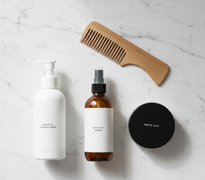 Essential styling products for men with wavy hair including sea salt spray, clay, and conditioner