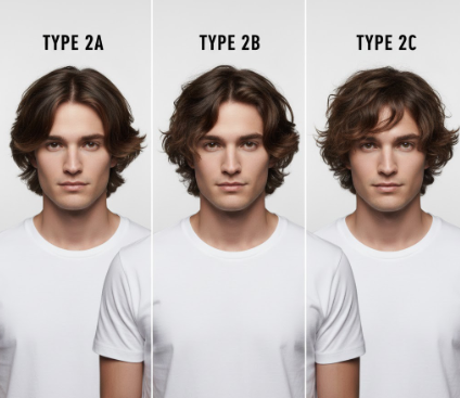 Three men displaying Type 2A, 2B, and 2C wavy hair patterns side by side