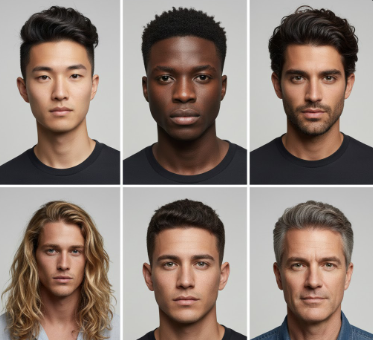 Six men showcasing diverse wavy hairstyle options from short to long