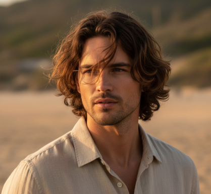 Man with medium-length wavy bro flow hairstyle in natural outdoor lighting