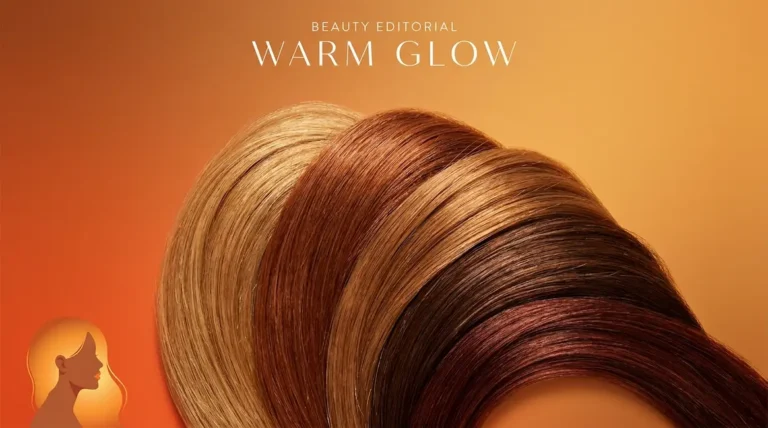 Hair colours for warm skin tone showing honey blonde copper caramel chestnut and auburn swatches