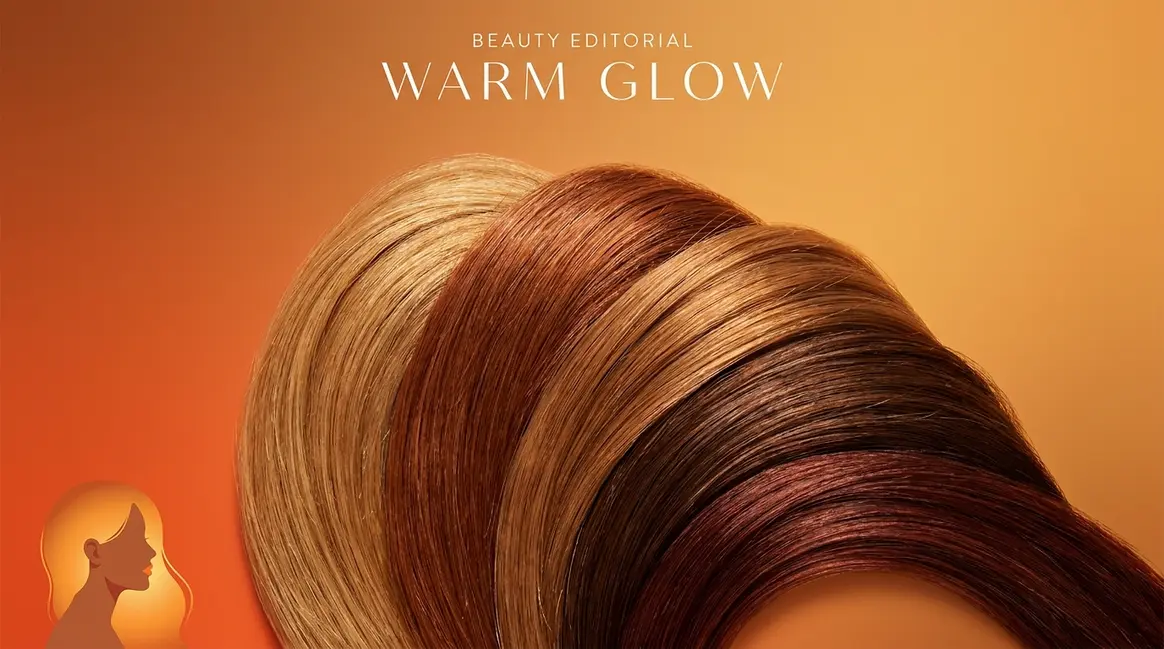 Hair colours for warm skin tone showing honey blonde copper caramel chestnut and auburn swatches
