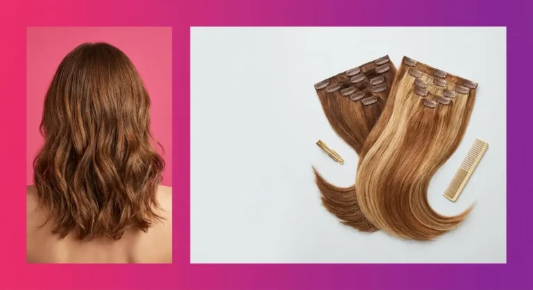 16 inch hair extensions shown on a woman and as a flat-lay weft set on gradient background