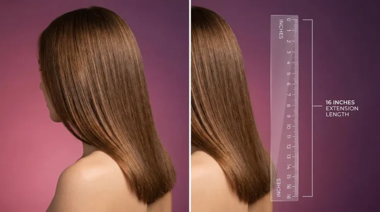 16 inch hair extensions falling at collarbone length on a woman with straight brunette hair