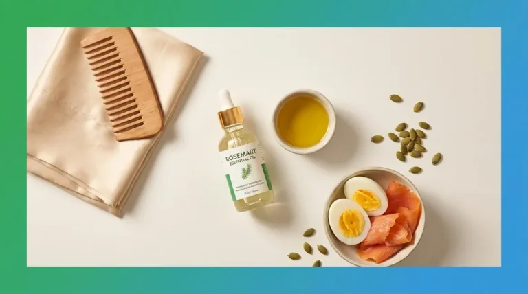 Flat-lay of hair growth essentials including rosemary oil, comb, eggs, and silk pillowcase for how to grow hair faster
