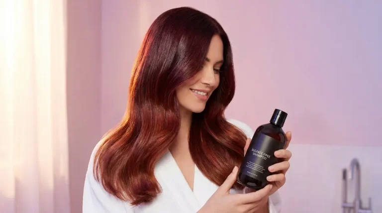 Woman with vibrant coloured hair holding sulfate-free shampoo to maintain colour