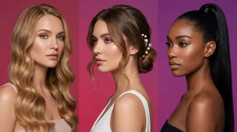 Prom hair trends 2026 featuring soft waves, romantic updo, and sleek glass hair styles
