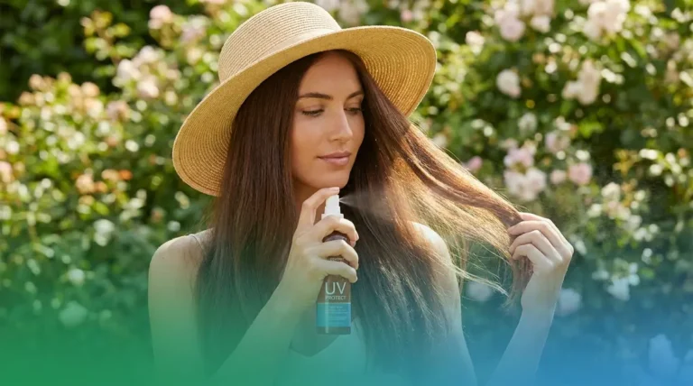 Woman wearing UPF sun hat applying UV spray to protect hair from sun damage outdoors