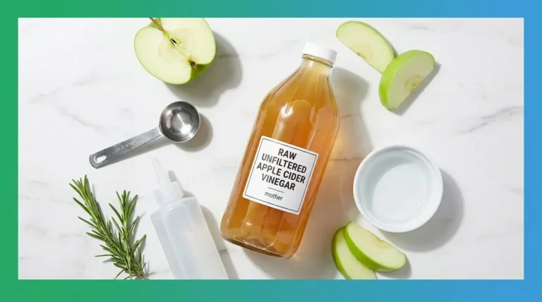 Apple cider vinegar hair rinse ingredients including raw ACV bottle, squeeze bottle, and measuring spoon on marble surface