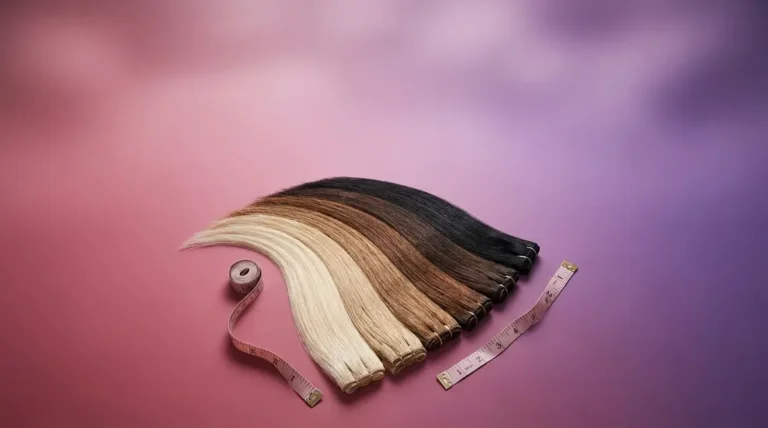 Best 18 inch hair extensions shown as a fan of blonde brunette and black wefts with tape measure
