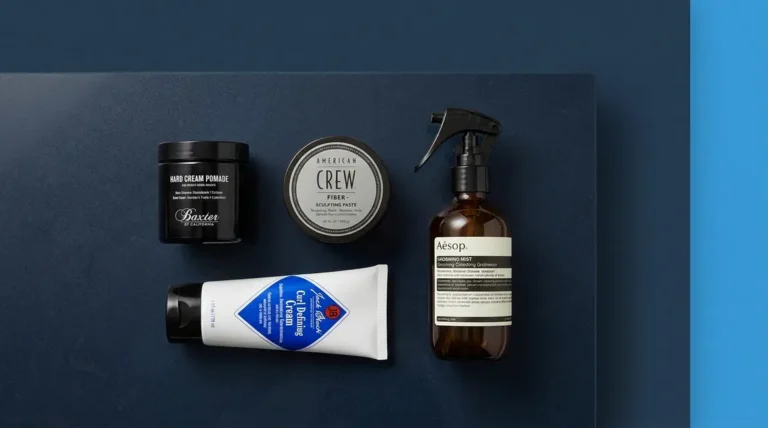 Best hair care products for men arranged on a clean bathroom countertop