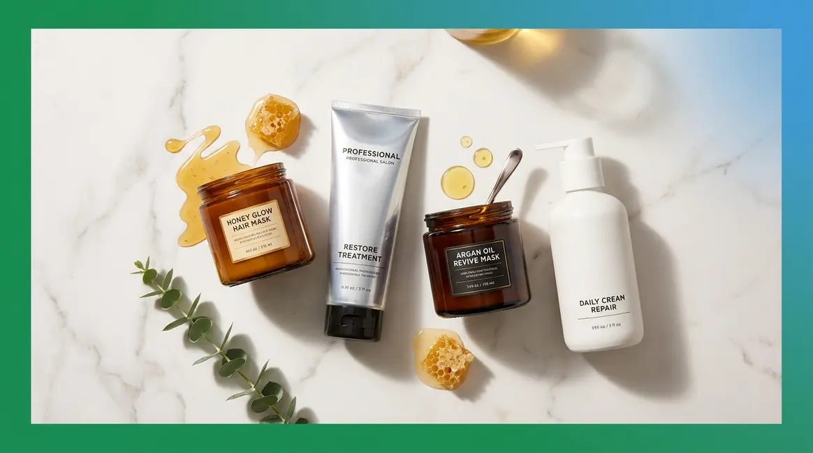 Best hair mask for dry hair — flat lay of top-rated hydrating hair mask products on marble