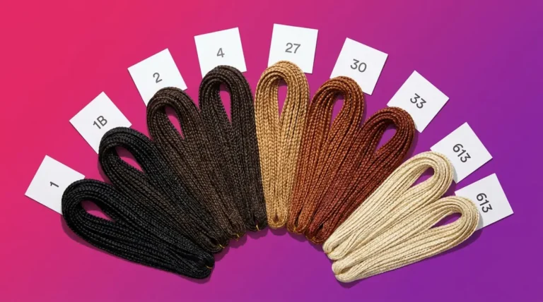 Braiding hair color chart showing bundles from jet black to platinum blonde with color code labels