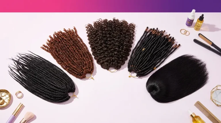 Crochet hair styles collection showing box braids, passion twists, faux locs, and curls for 2026