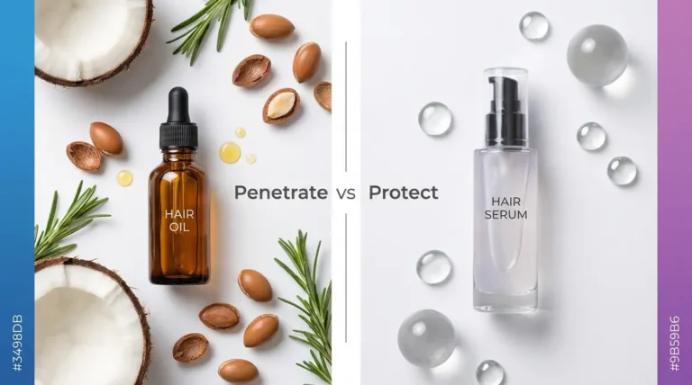 Hair oil vs hair serum side by side comparison showing penetrate versus protect principle