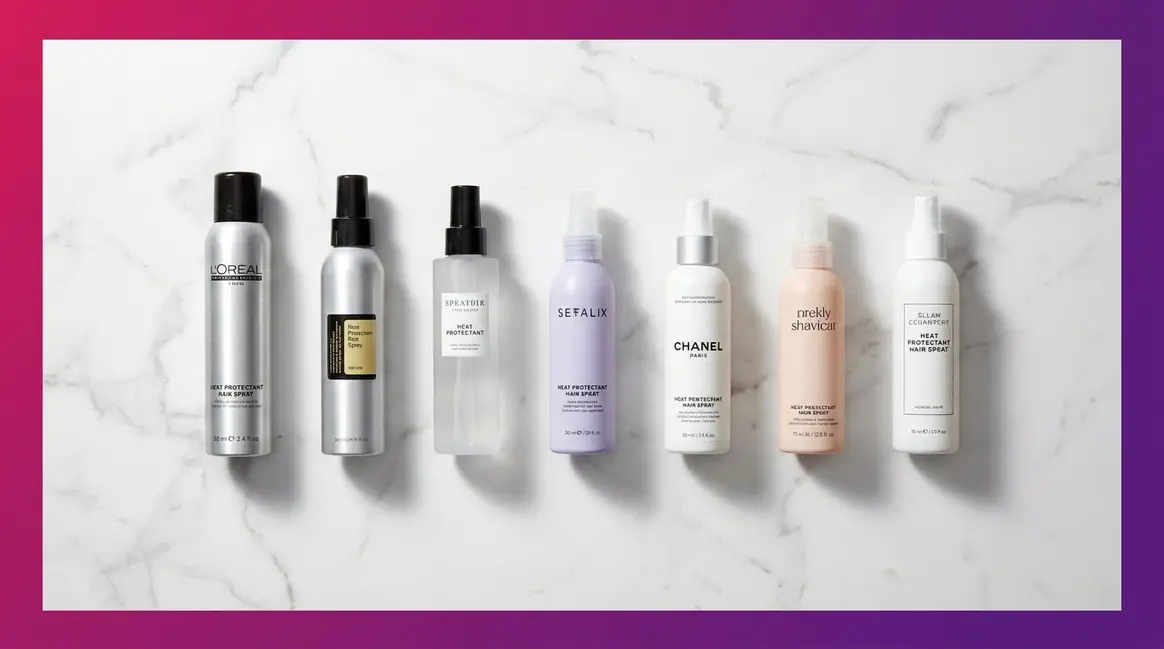 Best heat protectant spray lineup showing seven top-rated bottles for all hair types