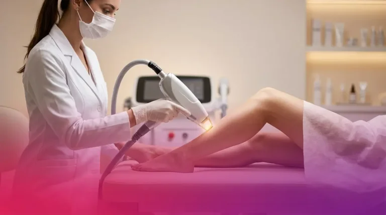 Laser hair removal cost guide showing treatment session with professional technician and laser device