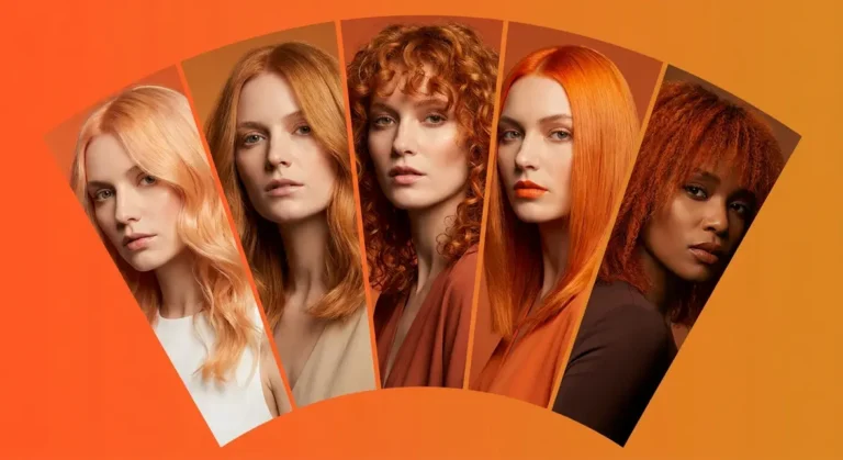 Orange hair color spectrum from apricot to burnt orange showing five distinct shades