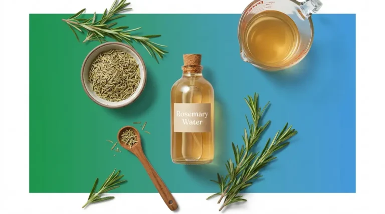 How to make rosemary water for hair — glass spray bottle with golden rosemary infusion and fresh sprigs