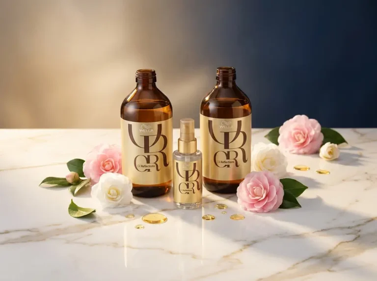 Wella Oil Reflections review — full product range bottles on marble surface with camellia flowers